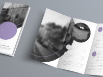 White Vector Three-Fold Brochure Design With Purple Circles And